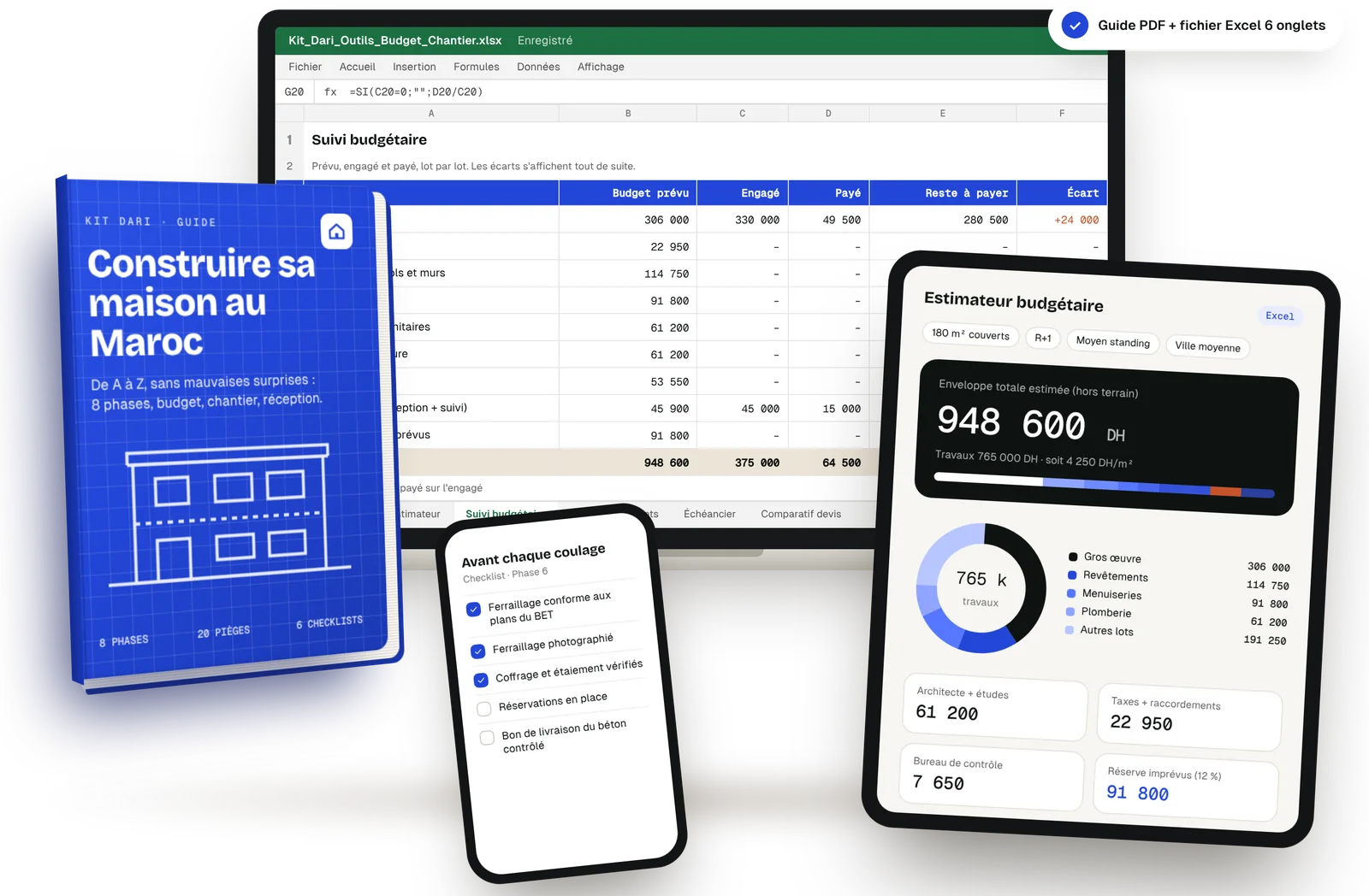 Kit Dari: دليل PDF وملف Excel لتتبع الميزانية وتقدير تكلفة بناء الدار